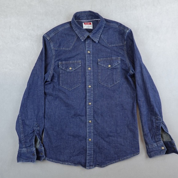 Wrangler Pearl Snap Shirt Men Medium Blue Denim Western Long Sleeve Dark Wash - Picture 1 of 8